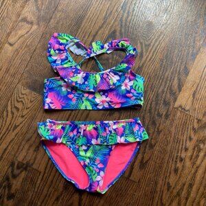 Girls HM Swimsuit 6-8 Blue Pink Floral